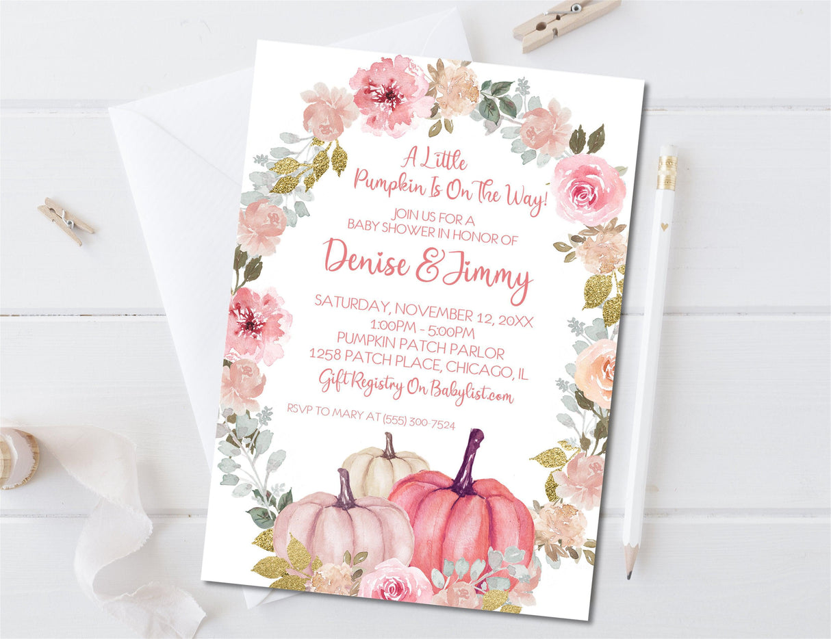 watercolor pink pumpkin baby shower invitations feminine harvest theme
