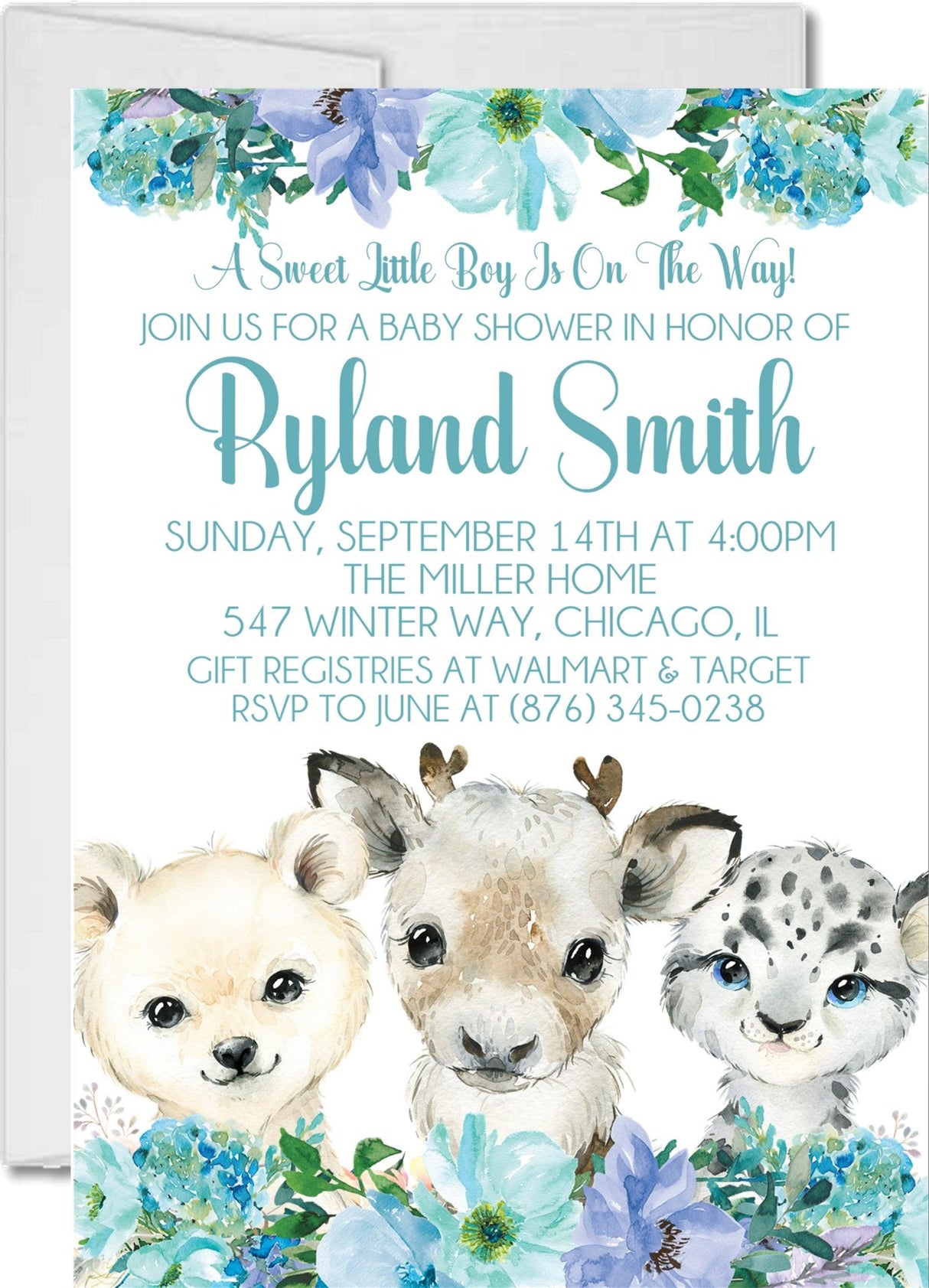 watercolor polar bear penguin invitation cards blue floral style