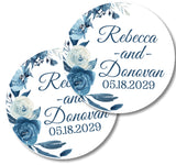 Navy blue watercolor floral wedding favor stickers printed on matte sticker paper.