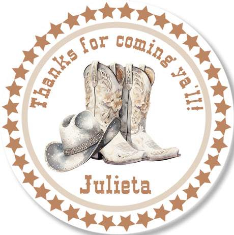 western party sticker with boots hat and rustic star frame