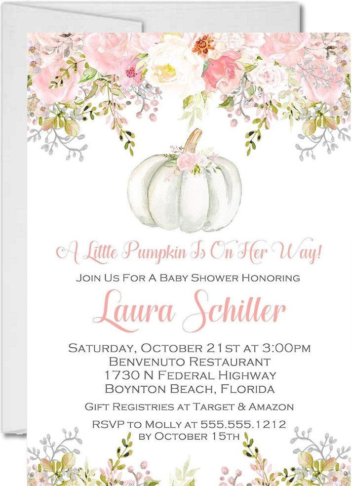 white pumpkin baby shower invitations blush floral autumn design