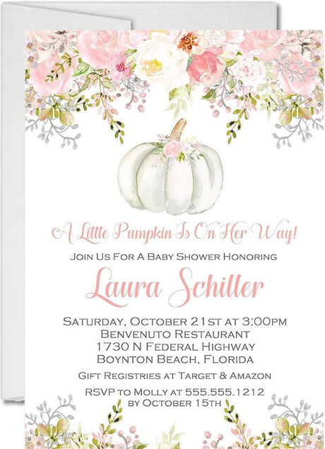 white pumpkin baby shower invitations blush floral autumn design