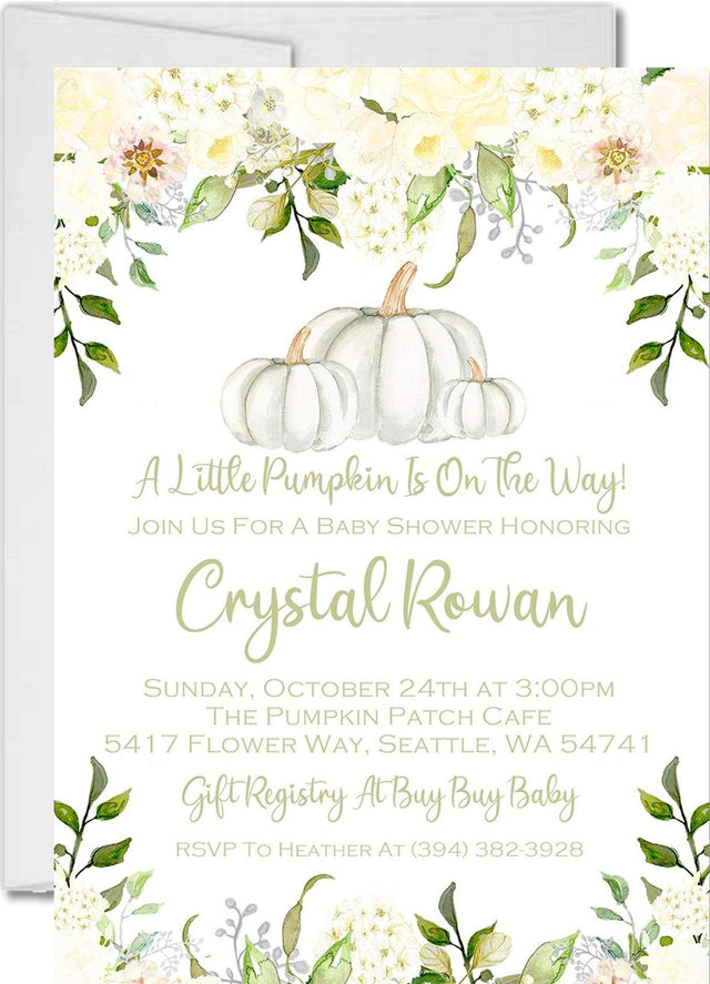 white pumpkin baby shower invitations greenery autumn watercolor design