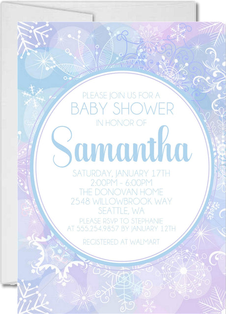 winter snowflake baby shower invitations purple blue design