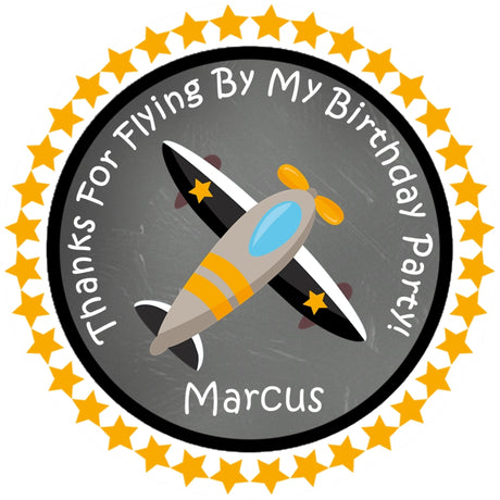yellow black airplane birthday sticker with bold star border