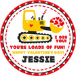 yellow construction truck valentine stickers with hearts