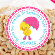yellow duck baby shower sticker with pink polka dot umbrella