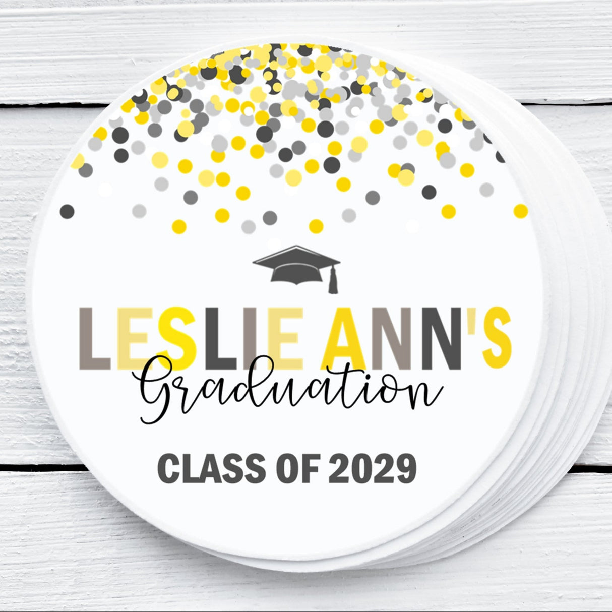 Yellow and grey graduation stickers – printed confetti design on matte paper