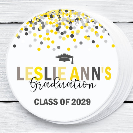 Yellow and grey graduation stickers – printed confetti design on matte paper