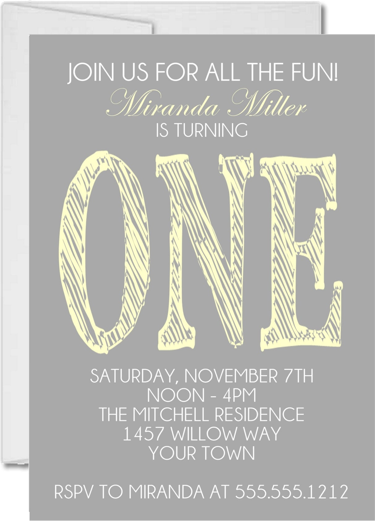 yellow modern one birthday invitations gray pastel theme