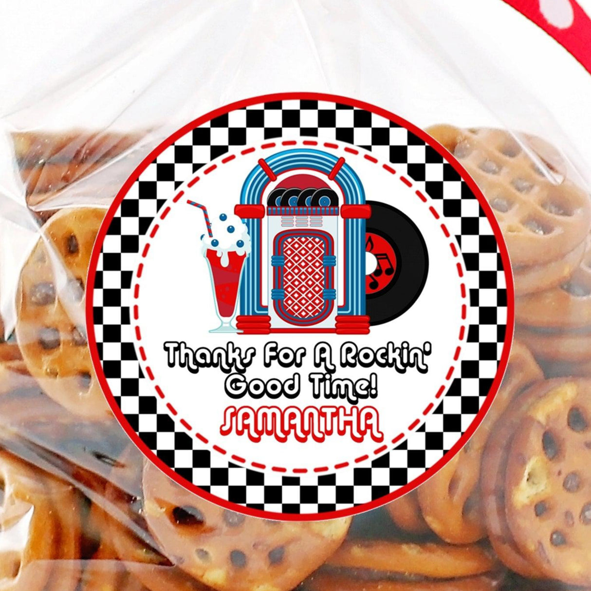 1950s jukebox party sticker with milkshake and custom name