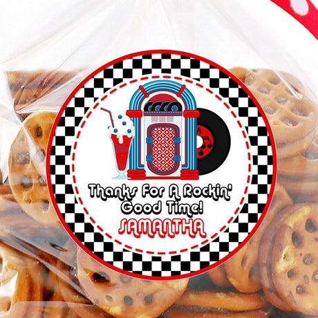 1950s jukebox party sticker with milkshake and custom name