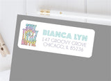 1970s hippie address labels with colorful peace sign artwork