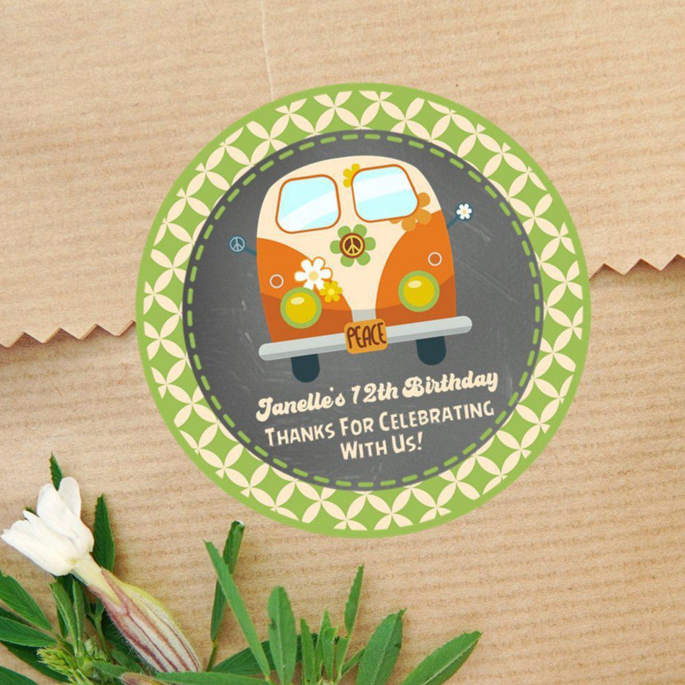 1970s vintage van birthday sticker flower power design