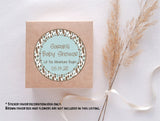 Adventure baby shower favor label with feather border