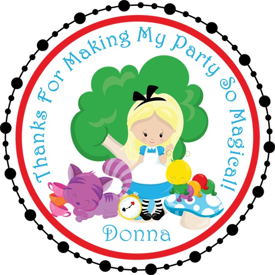 Alice in Wonderland birthday sticker with personalized name