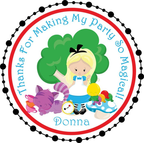 Alice in Wonderland birthday sticker with personalized name