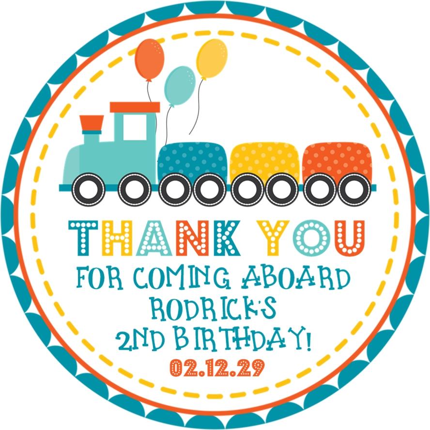 All aboard teal and orange train birthday sticker