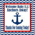 Anchors Away baby shower sticker with navy chevron border