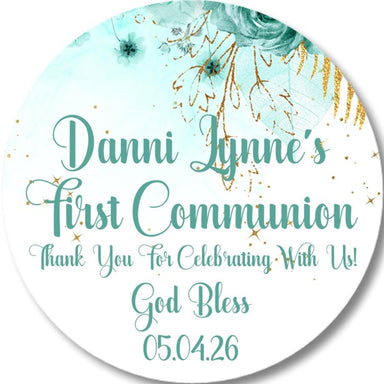 Aqua And Gold First Communion Stickers Or Favor Tags