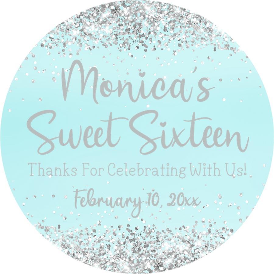 Aqua And Silver Sweet 16 Stickers Or Favor Tags