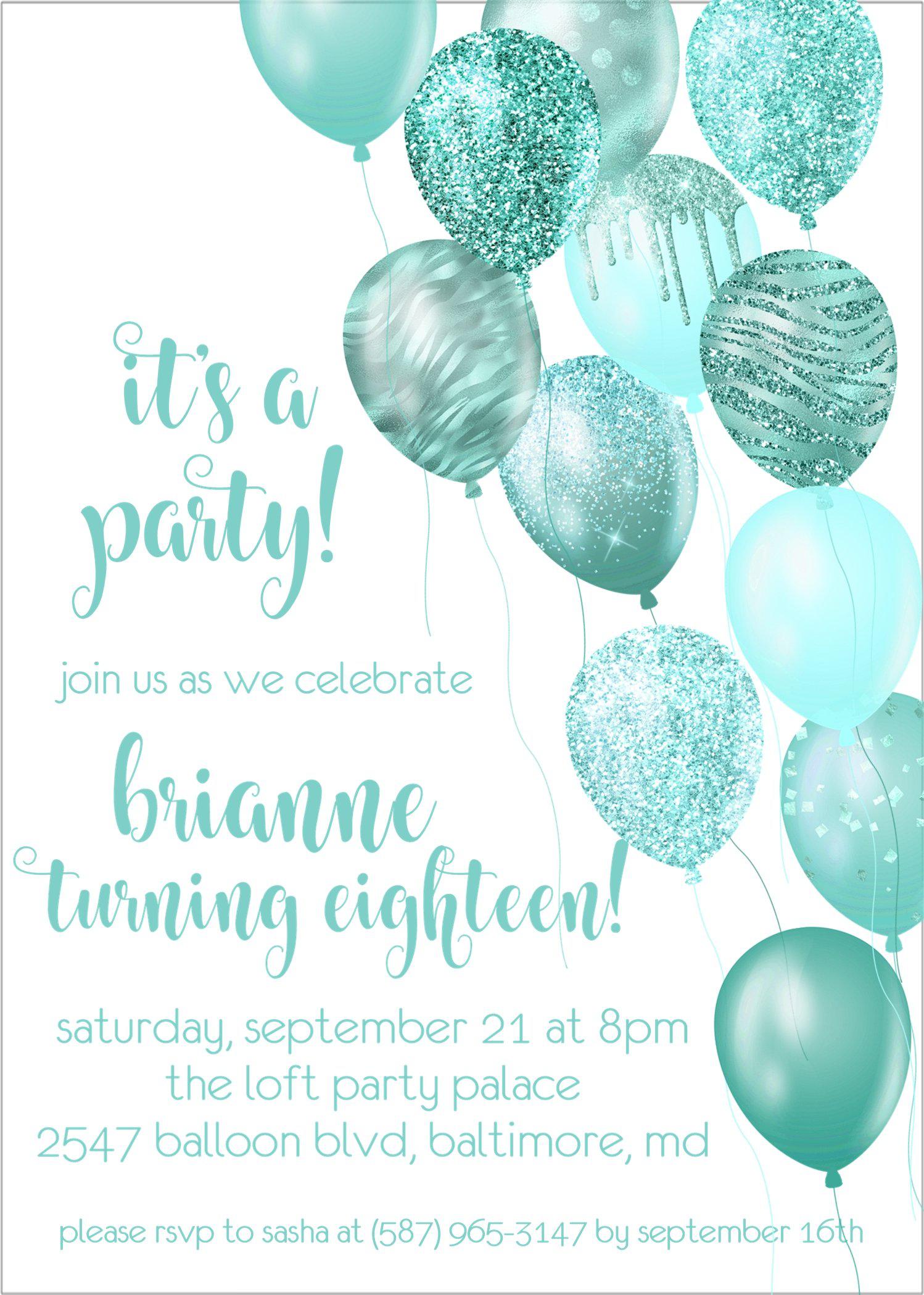 Aqua Balloon Birthday Party Invitations