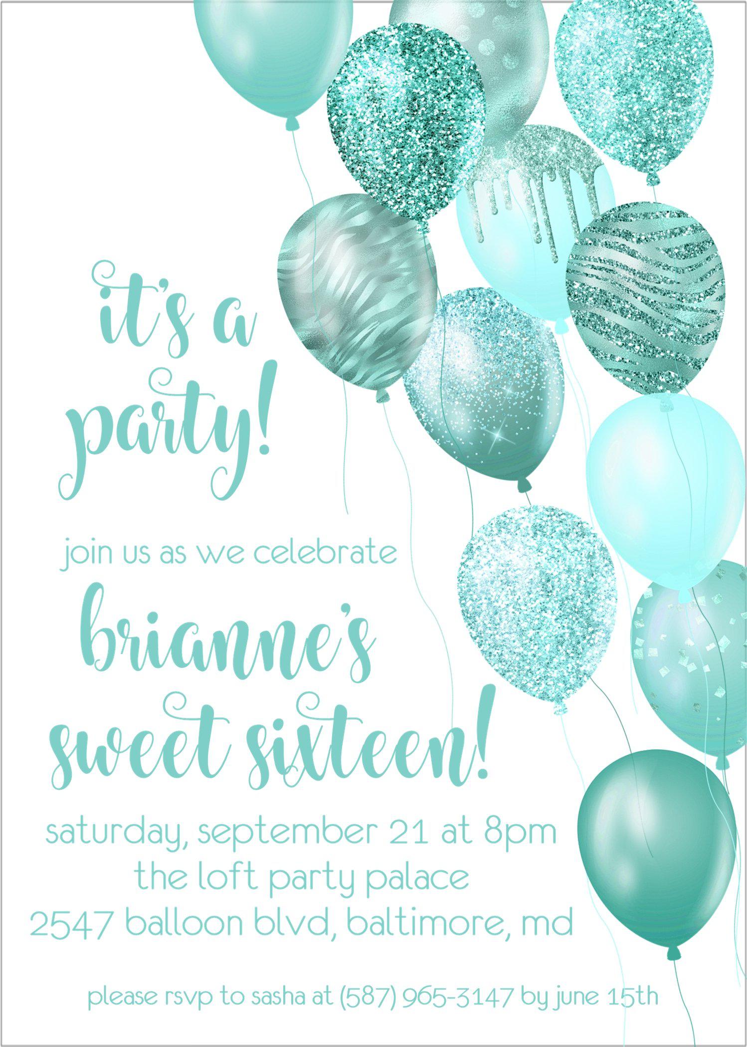 Aqua Balloon Sweet 16 Party Invitations