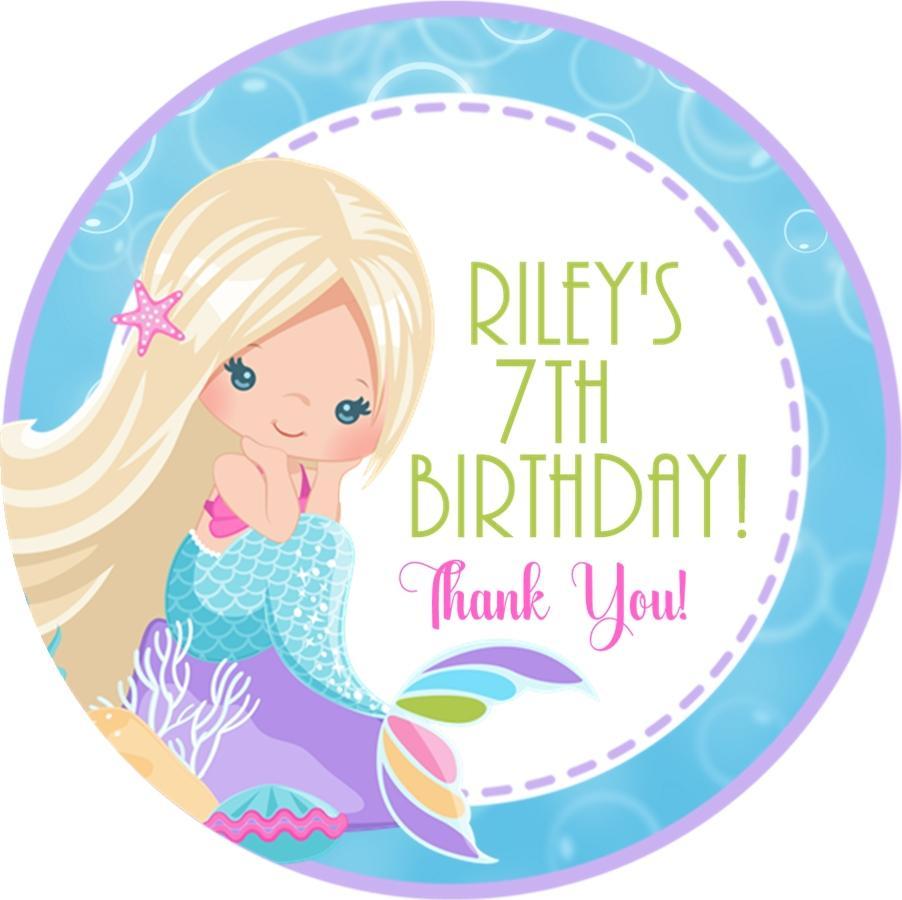Aqua and lavender under-the-sea party favor label with mermaid illustration