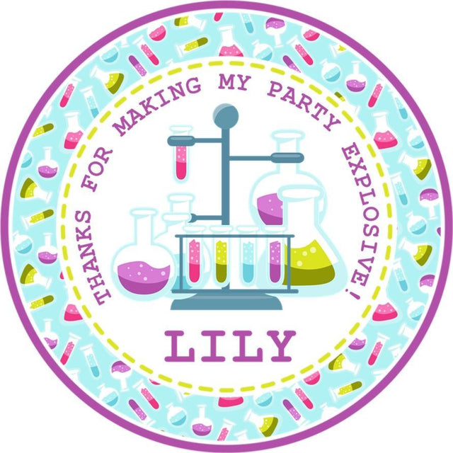 Aqua science birthday sticker with colorful beakers and purple accents