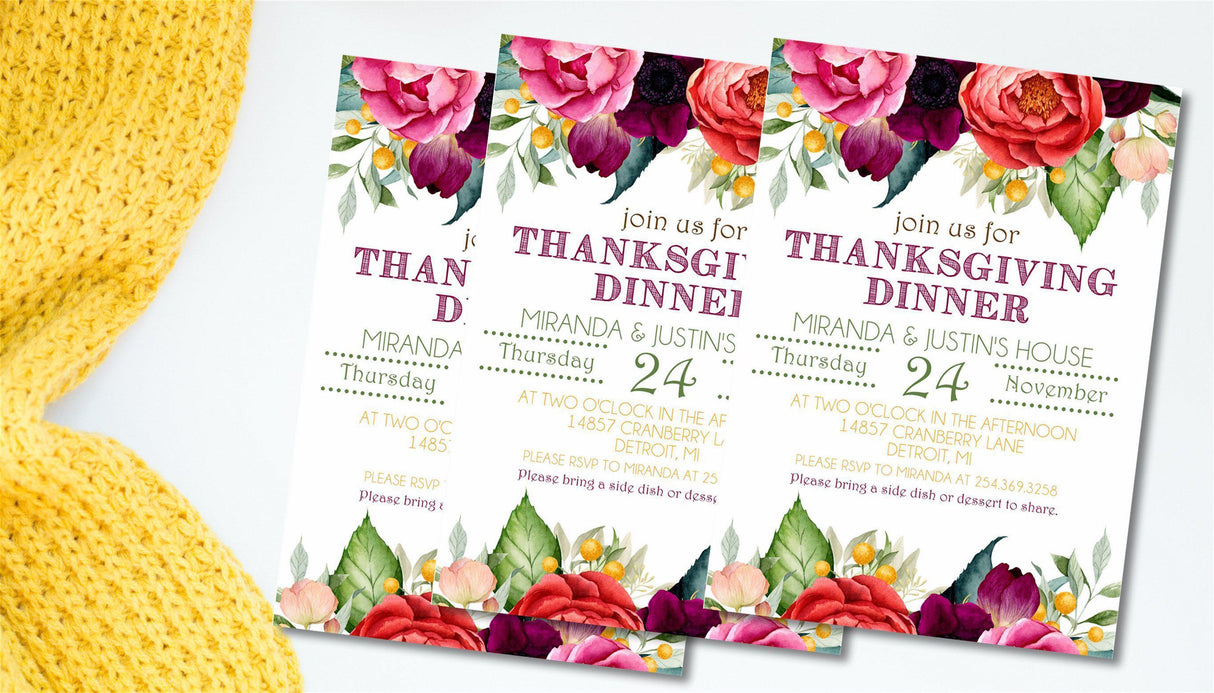 Autumn dinner party invitation with floral border