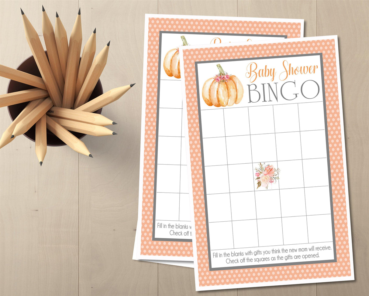 Autumn pumpkin baby shower bingo card