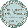 Aztec geometric tribal baby shower sticker with turquoise and brown pattern