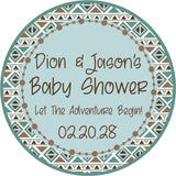 Aztec geometric tribal baby shower sticker with turquoise and brown pattern