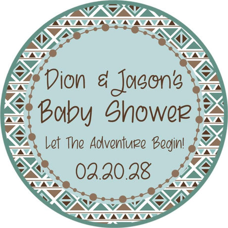 Aztec geometric tribal baby shower sticker with turquoise and brown pattern