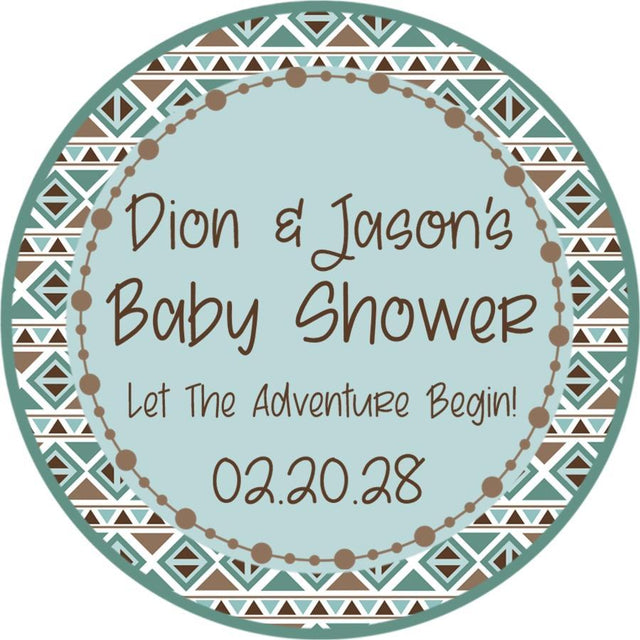 Aztec geometric tribal baby shower sticker with turquoise and brown pattern