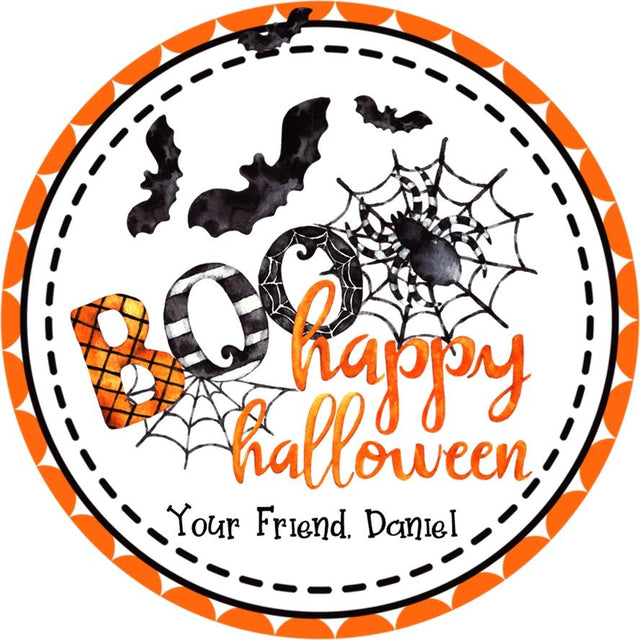 BOO bat Halloween sticker with spider web design