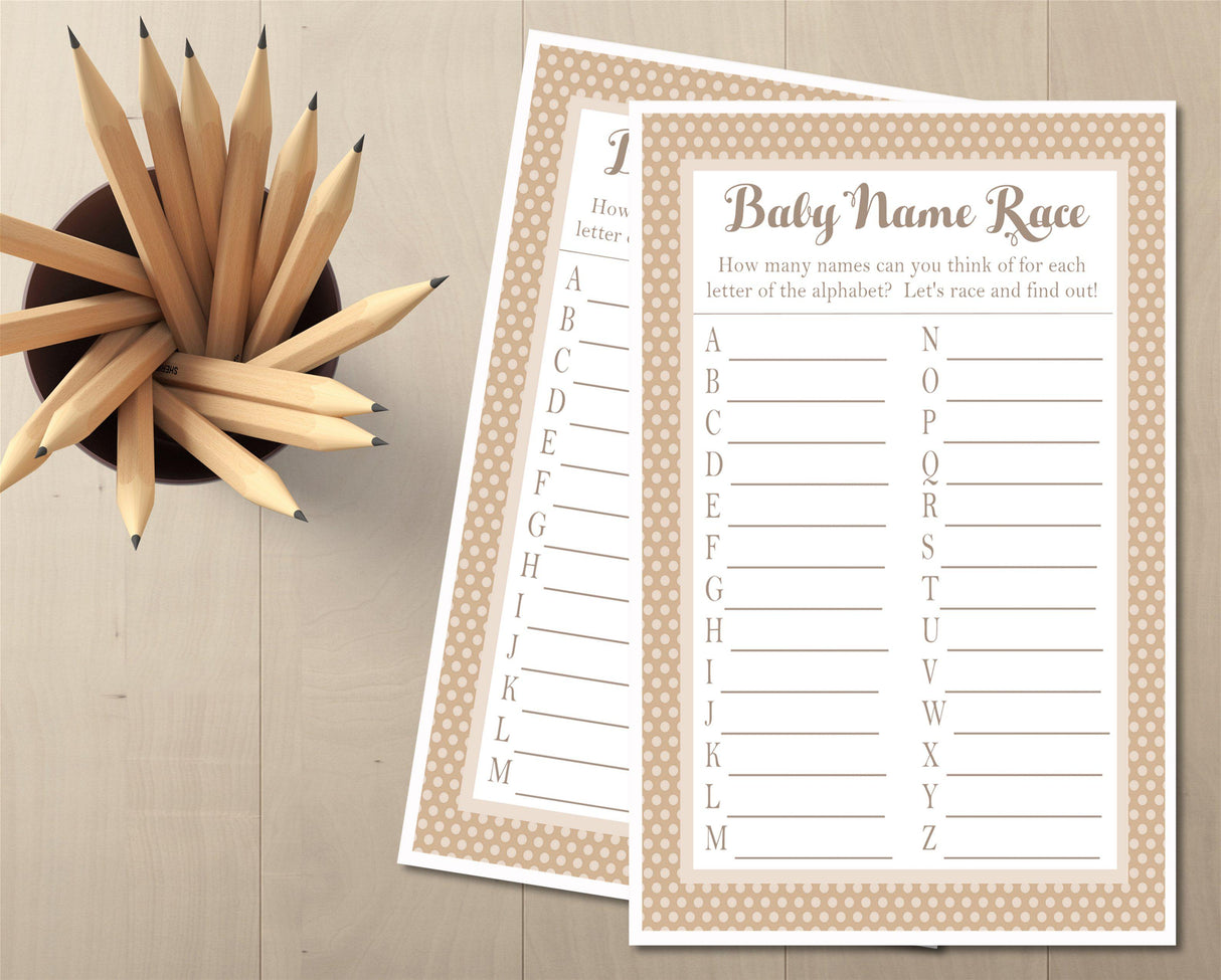 Baby name race printable game with alphabet list