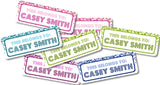 Back to school name labels shown in purple green turquoise magenta pink and royal blue