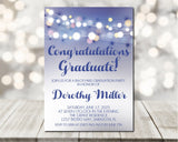 Backyard graduation invitation featuring blue background and glowing café lights