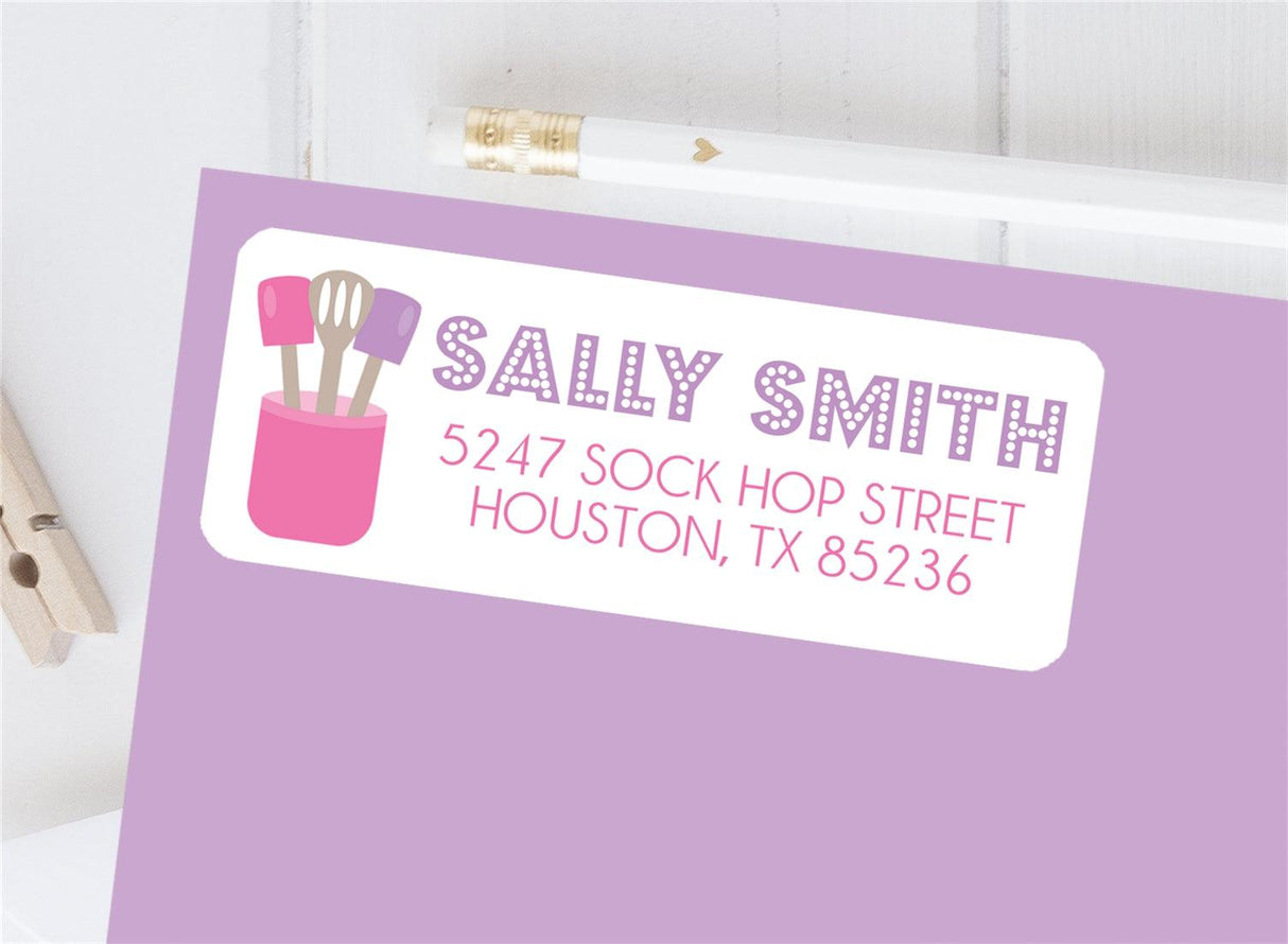 Baking address labels with pink and lavender baking utensil illustration