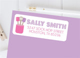 Baking address labels with pink and lavender baking utensil illustration