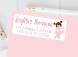 Ballet address labels with ballerina illustration and pink lettering