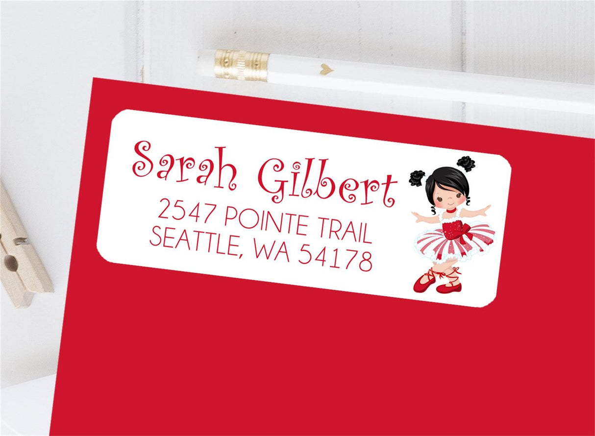 Ballet address labels with red and white ballerina illustration