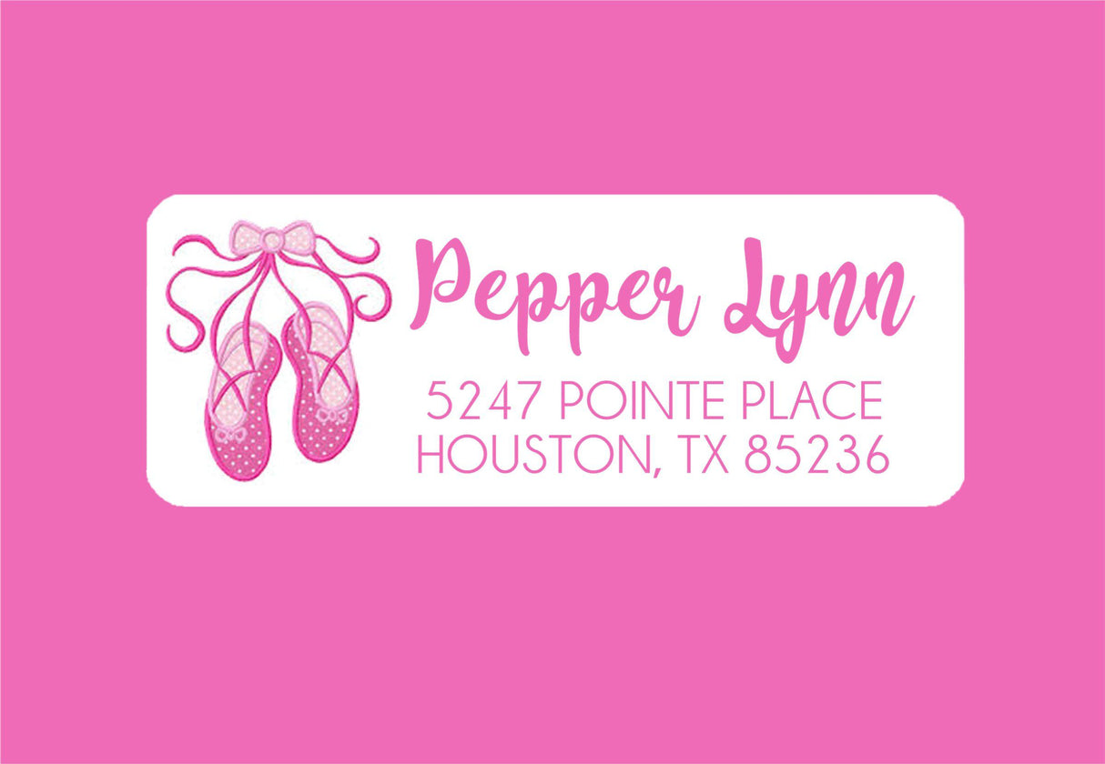 Ballet slippers address labels with pink ribbon illustration