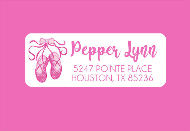 Ballet slippers address labels with pink ribbon illustration