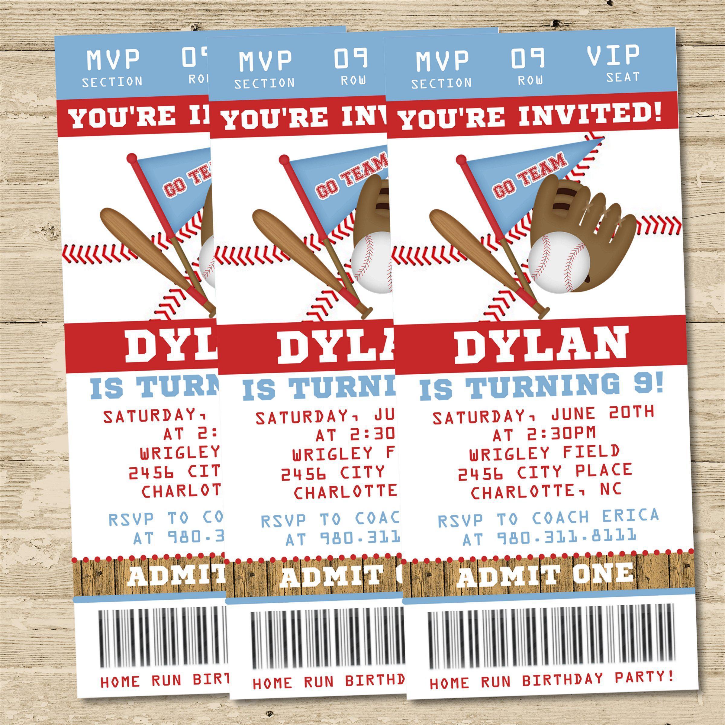 Baseball Birthday Party Ticket Invitations