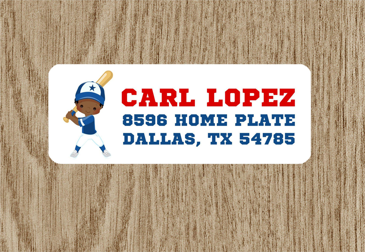 Baseball address labels with baseball player illustration