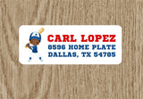 Baseball address labels with baseball player illustration
