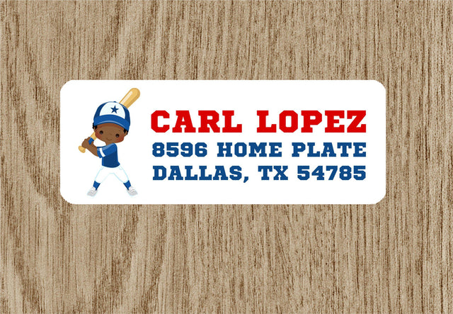 Baseball address labels with baseball player illustration