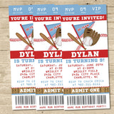 Baseball ticket invitation featuring baseball glove artwork and baseball bat graphics